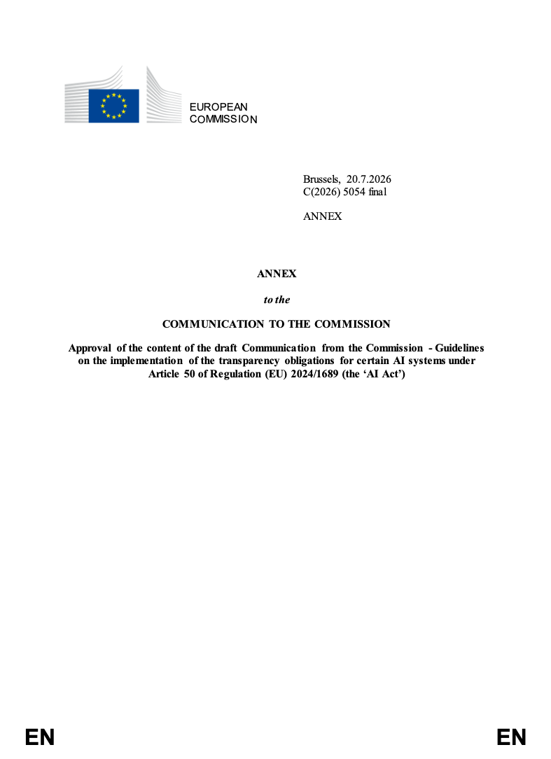 Allegato della Commissione europea con le linee guida sugli obblighi di trasparenza previsti dall’articolo 50 dell’AI Act
