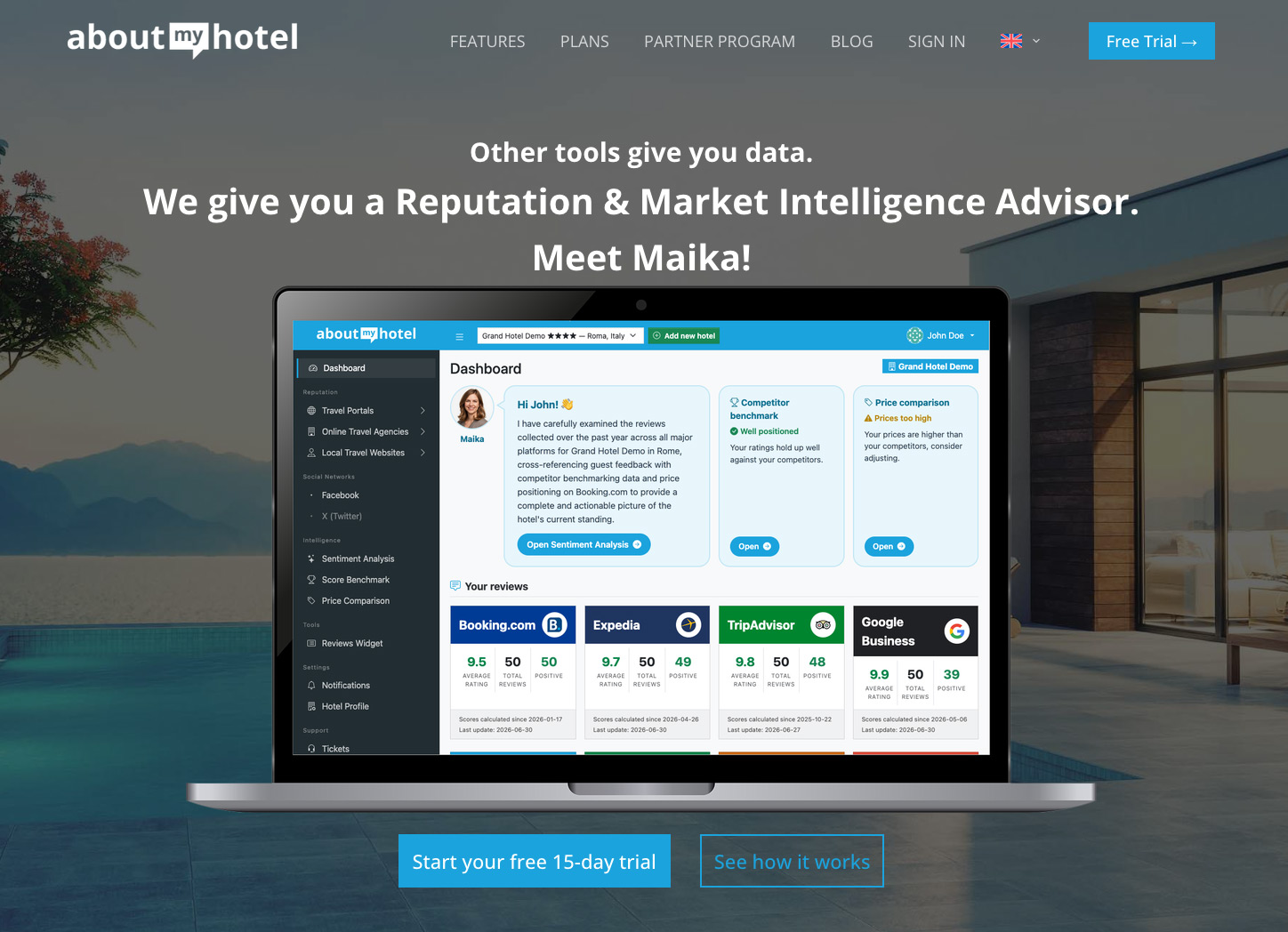 La home di AboutMyHotel nel 2026, che presenta l’advisor di reputation e market intelligence