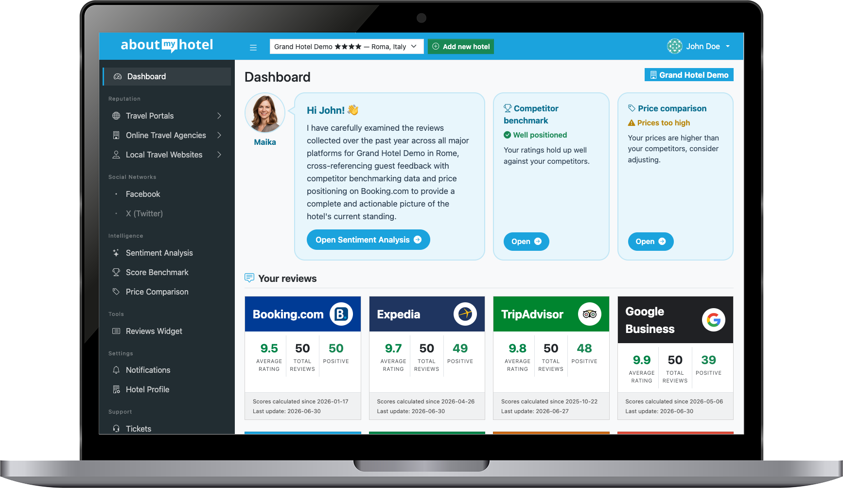La dashboard di AboutMyHotel su un portatile, con il riepilogo delle recensioni per piattaforma