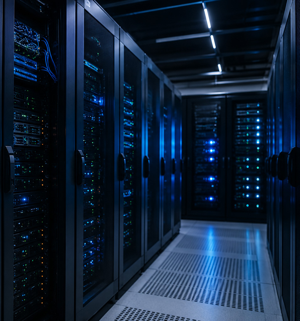 Corridoio di un data center, con gli armadi rack illuminati di blu