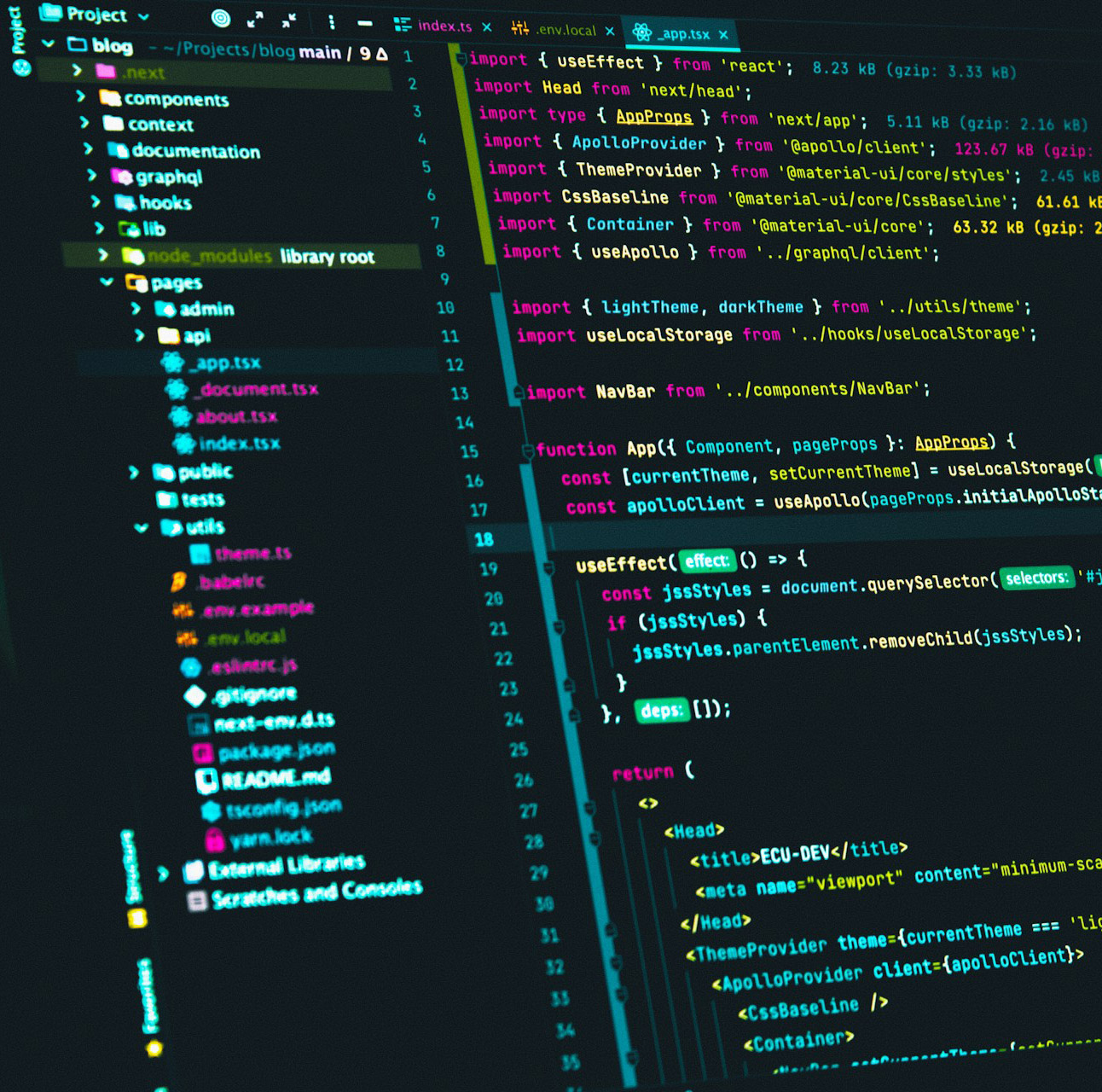 Editor di codice con aperto un progetto React e Next.js